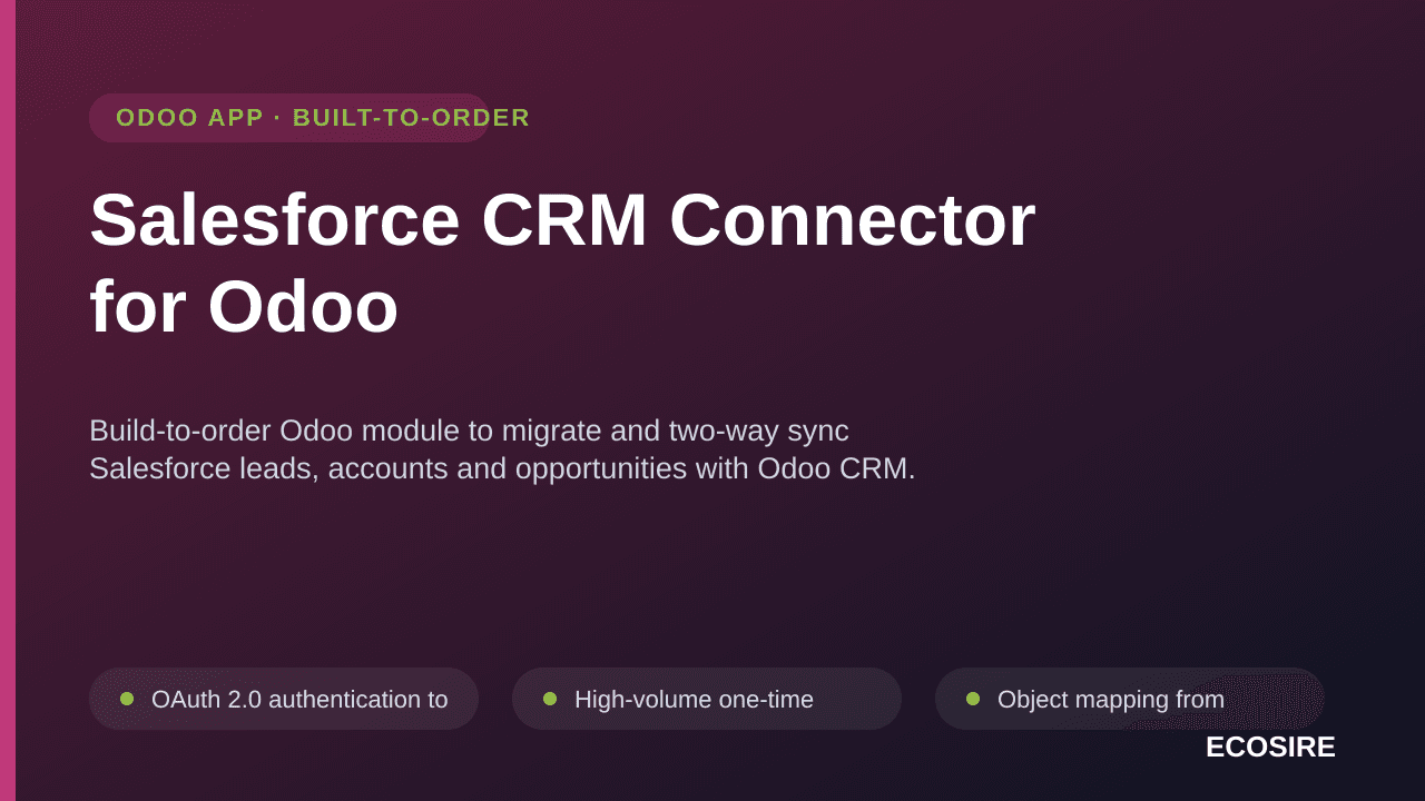 Salesforce CRM Connector for Odoo — Build-to-order Odoo module to migrate and two-way sync Salesforce leads, accounts and opp — Image 1 of 3