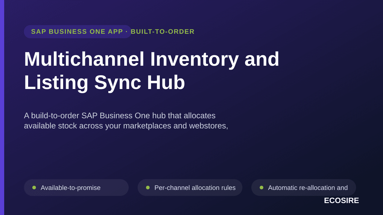 Multichannel Inventory and Listing Sync Hub — A build-to-order SAP Business One hub that allocates available stock across your marketplaces and webstores, pushes price and listing updates, and pulls orders back as Sales Orders
