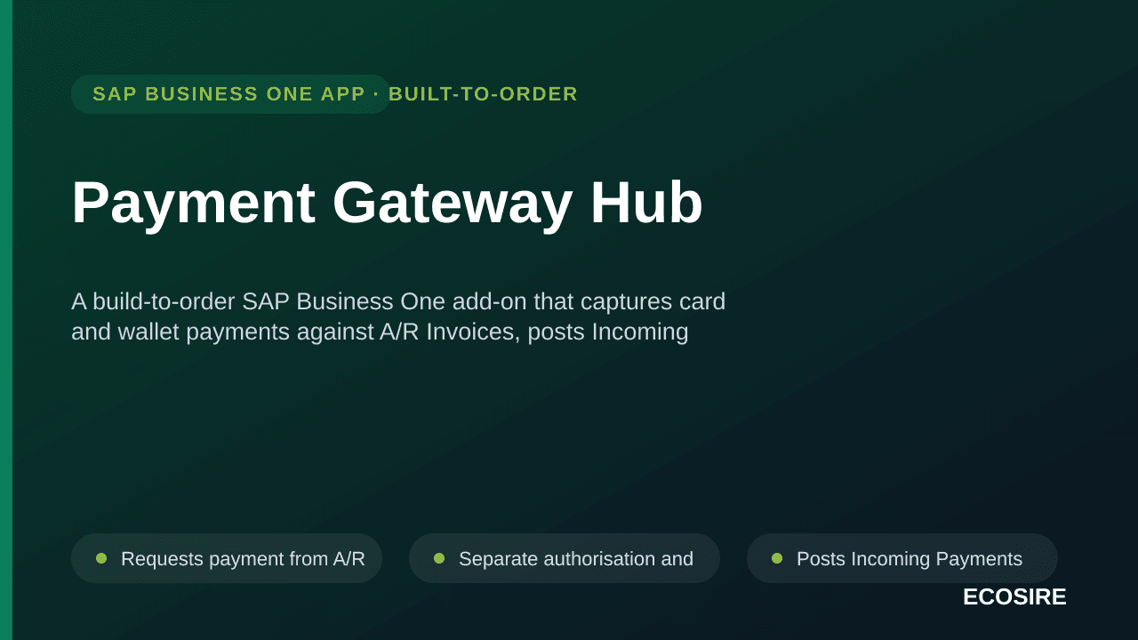 Payment Gateway Hub — A build-to-order SAP Business One add-on that captures card and wallet payments against A/R Invoices, posts Incoming Payments and fees, and reconciles settlement files