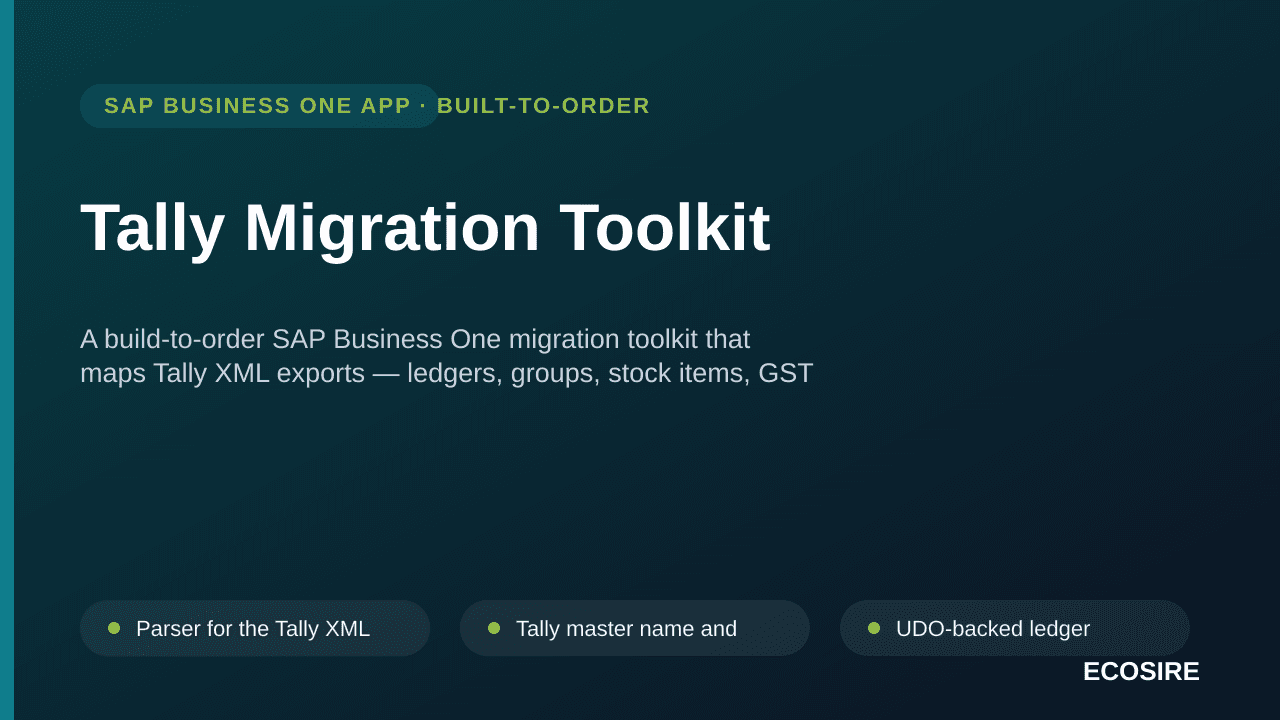Tally Migration Toolkit — A build-to-order SAP Business One migration toolkit that maps Tally XML exports — ledgers, groups, stock items, GST masters and open balances — into SAP B1 objects with reconciliation proof