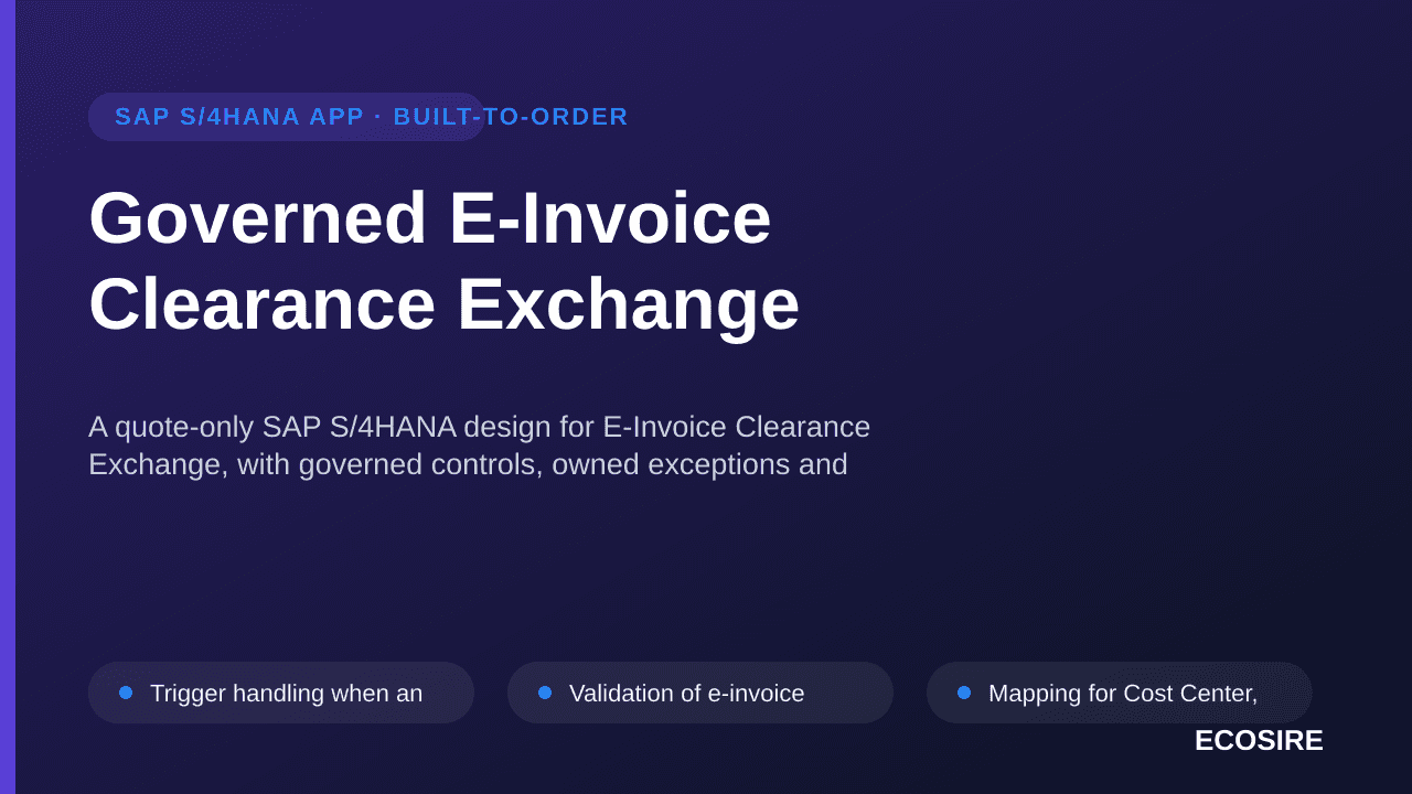 Governed E-Invoice Clearance Exchange — A quote-only SAP S/4HANA design for E-Invoice Clearance Exchange, with governed contr — 1/3