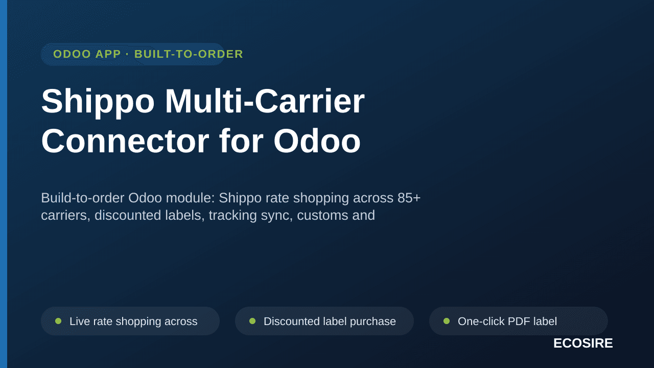 Shippo Multi-Carrier Connector for Odoo — Build-to-order Odoo module: Shippo rate shopping across 85+ carriers, discounted la — Image 1 of 3