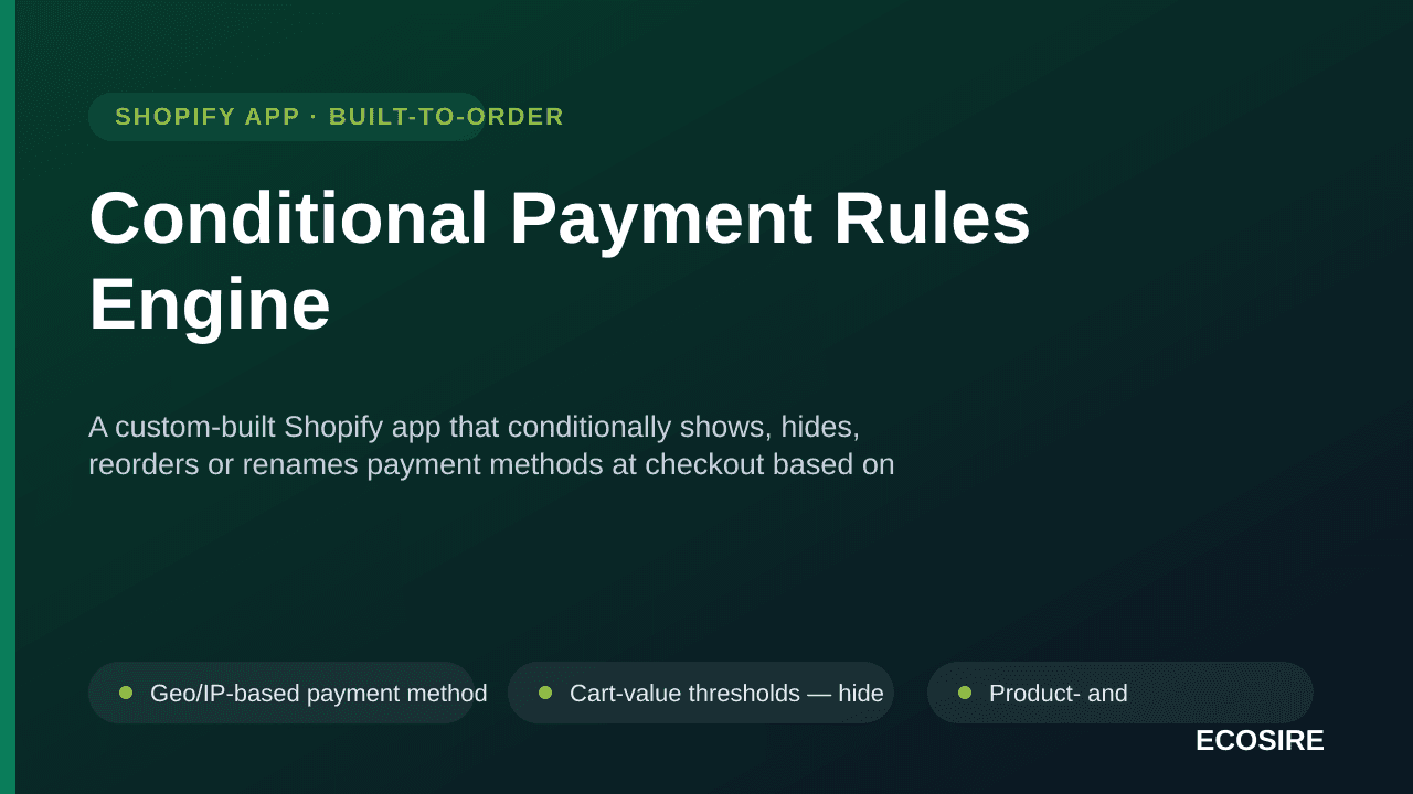 Conditional Payment Rules Engine — A custom-built Shopify app that conditionally shows, hides, reorders or renames payment me — Image 1 of 3