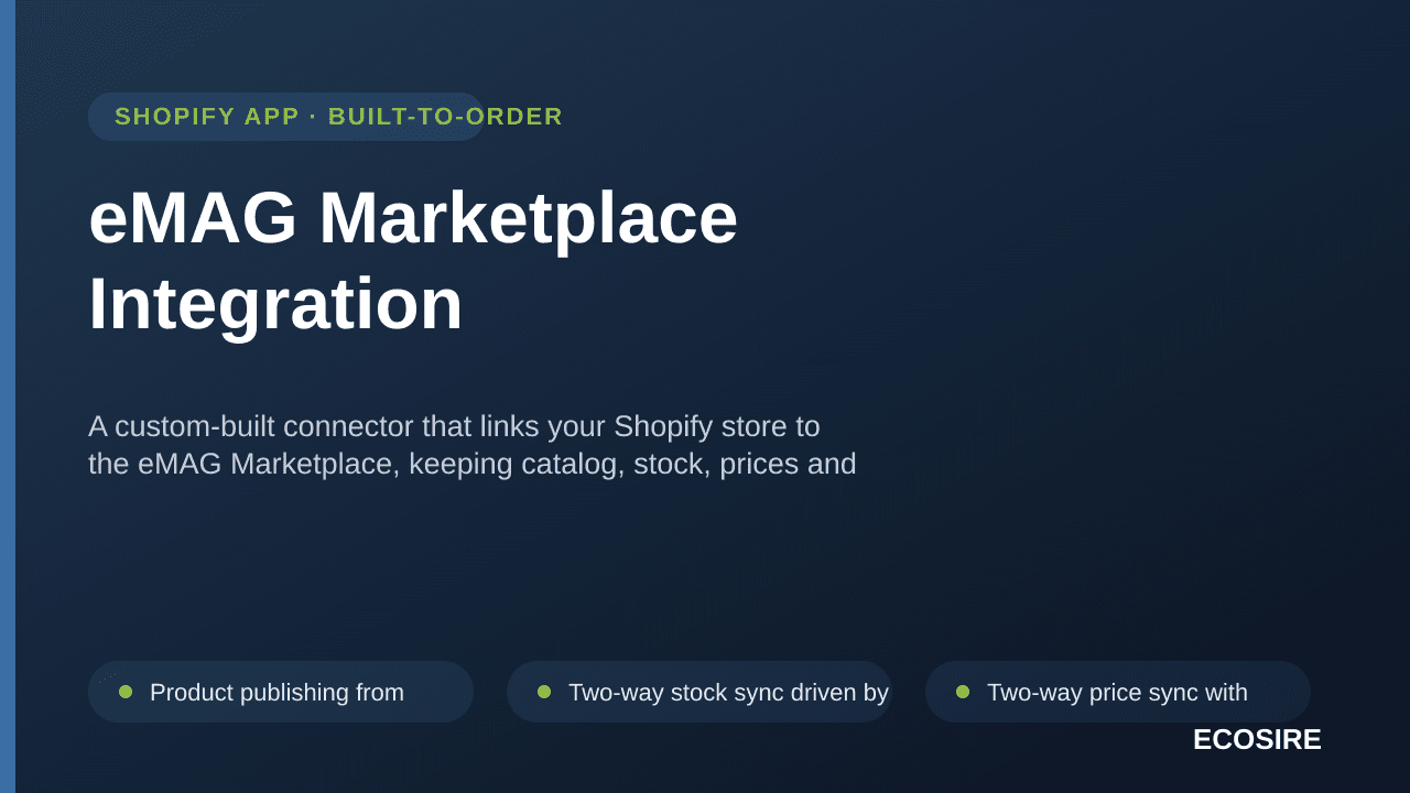 eMAG Marketplace Integration — A custom-built connector that links your Shopify store to the eMAG Marketplace, keeping catalo — Image 1 of 3