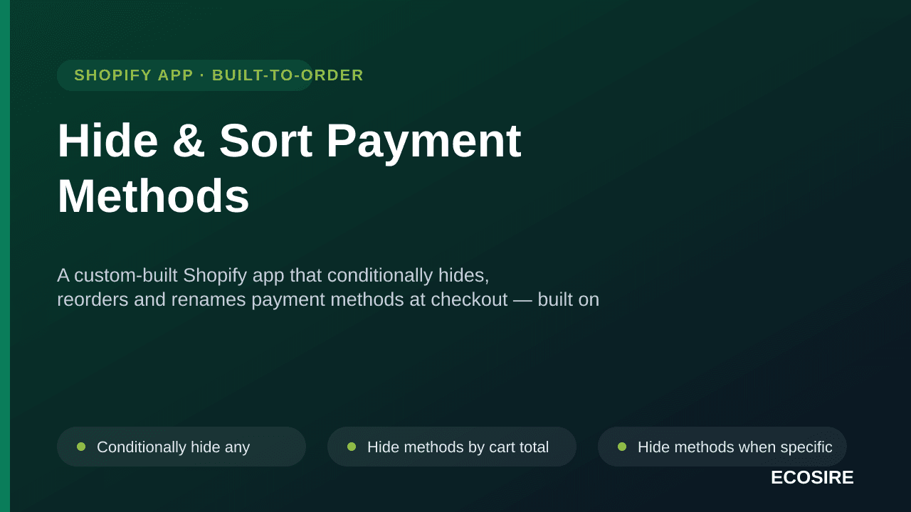 Hide & Sort Payment Methods — A custom-built Shopify app that conditionally hides, reorders and renames payment methods at ch — Image 1 of 3