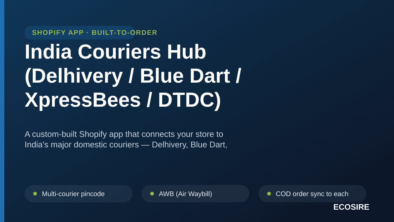 India Couriers Hub (Delhivery / Blue Dart / XpressBees / DTDC) — A custom-built Shopify app that connects your store to India — Image 1 of 3