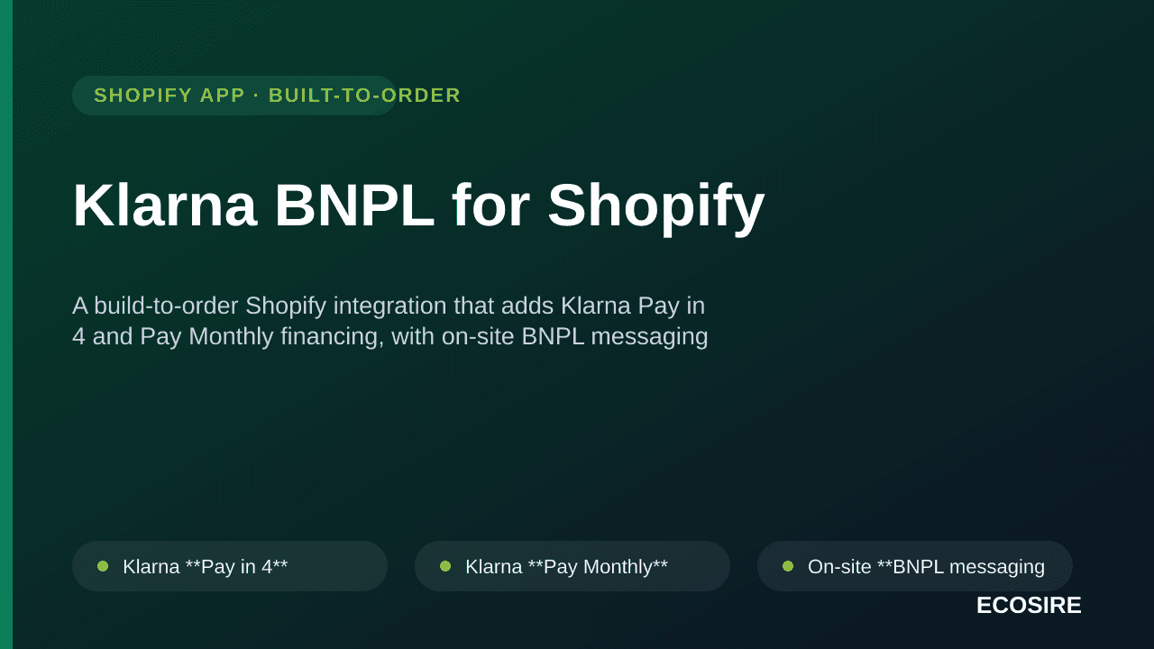 Klarna BNPL for Shopify — A build-to-order Shopify integration that adds Klarna Pay in 4 and Pay Monthly financing, with on-s — Image 1 of 3