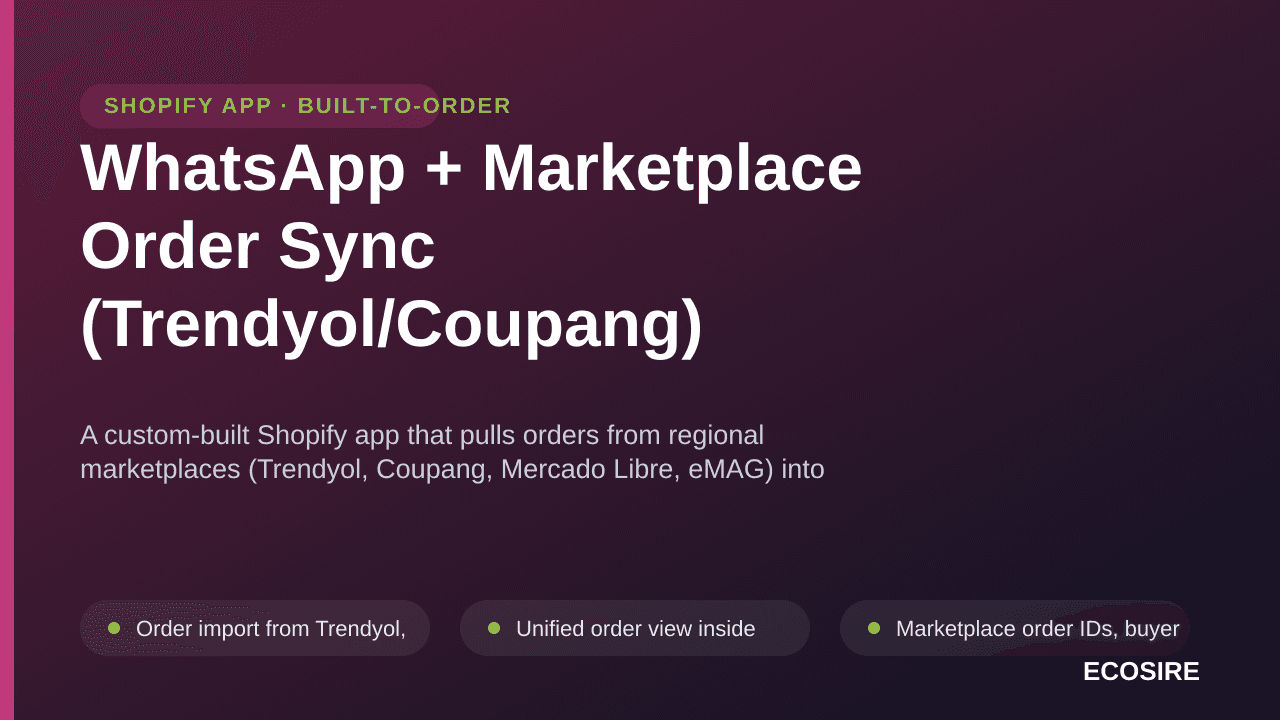 WhatsApp + Marketplace Order Sync (Trendyol/Coupang) — A custom-built Shopify app that pulls orders from regional marketplace — Image 1 of 3