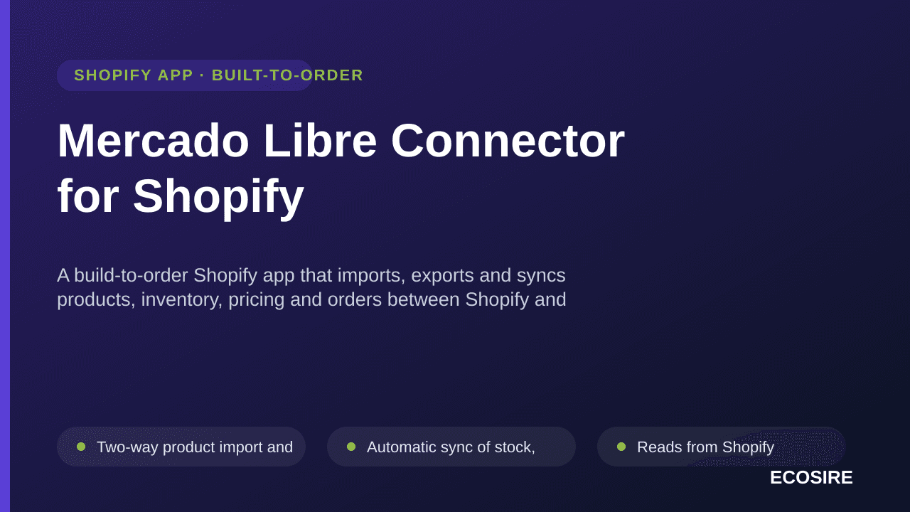 Mercado Libre Connector for Shopify — A build-to-order Shopify app that imports, exports and syncs products, inventory, prici — Image 1 of 3