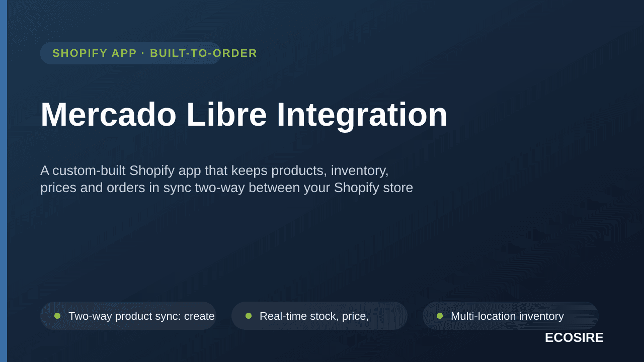 Mercado Libre Integration — A custom-built Shopify app that keeps products, inventory, prices and orders in sync two-way betw — Image 1 of 3