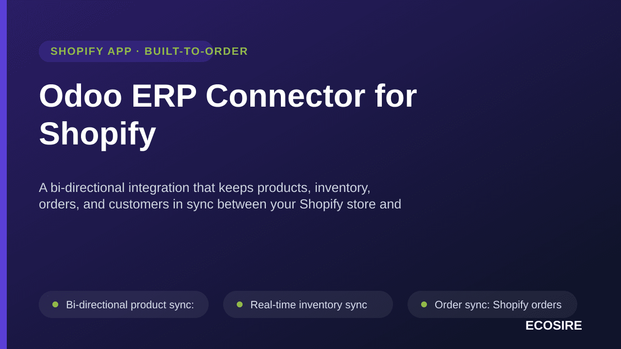 Odoo ERP Connector for Shopify — A bi-directional integration that keeps products, inventory, orders, and customers in sync b — Image 1 of 3
