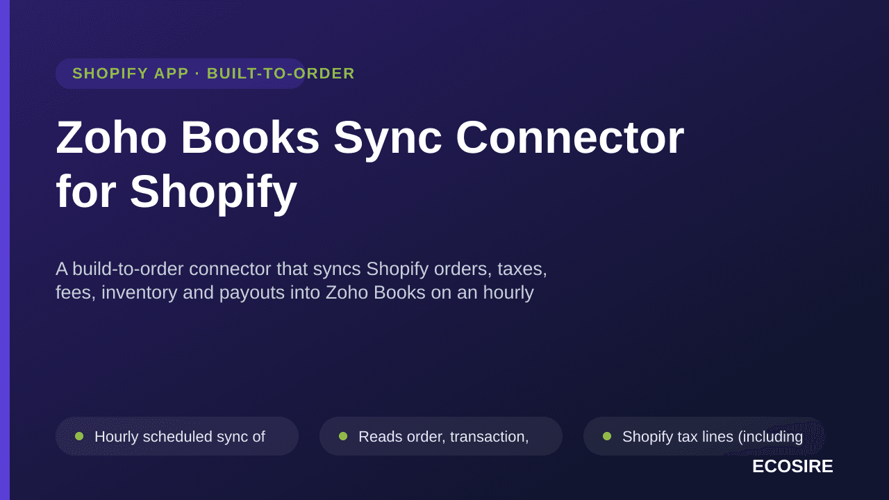 Zoho Books Sync Connector for Shopify — A build-to-order connector that syncs Shopify orders, taxes, fees, inventory and payo — Image 1 of 3