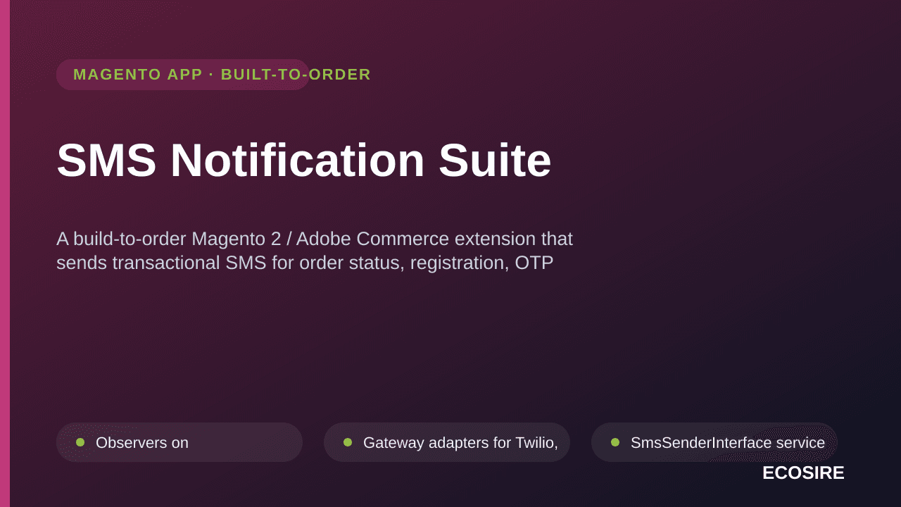 SMS Notification Suite — A build-to-order Magento 2 / Adobe Commerce extension that sends transactional SMS for order status, — Image 1 of 3