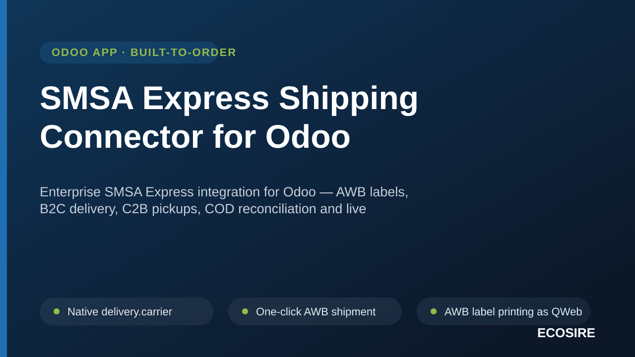 SMSA Express Shipping Connector for Odoo — Enterprise SMSA Express integration for Odoo — AWB labels, B2C delivery, C2B picku — Image 1 of 3