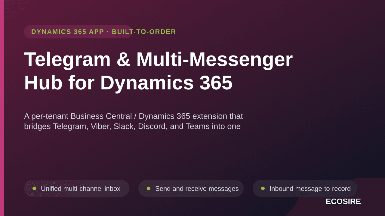 Telegram & Multi-Messenger Hub for Dynamics 365 — A per-tenant Business Central / Dynamics 365 extension that bridges Telegra — Image 1 of 3