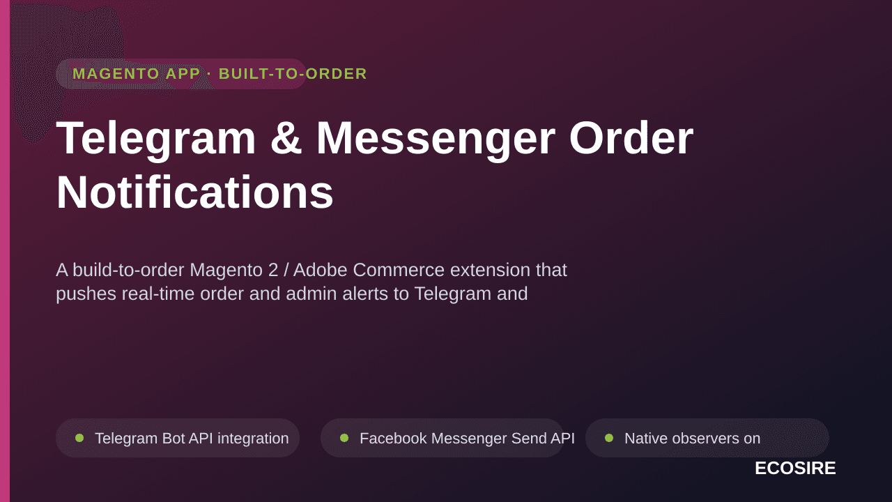 Telegram & Messenger Order Notifications — A build-to-order Magento 2 / Adobe Commerce extension that pushes real-time order  — Image 1 of 3