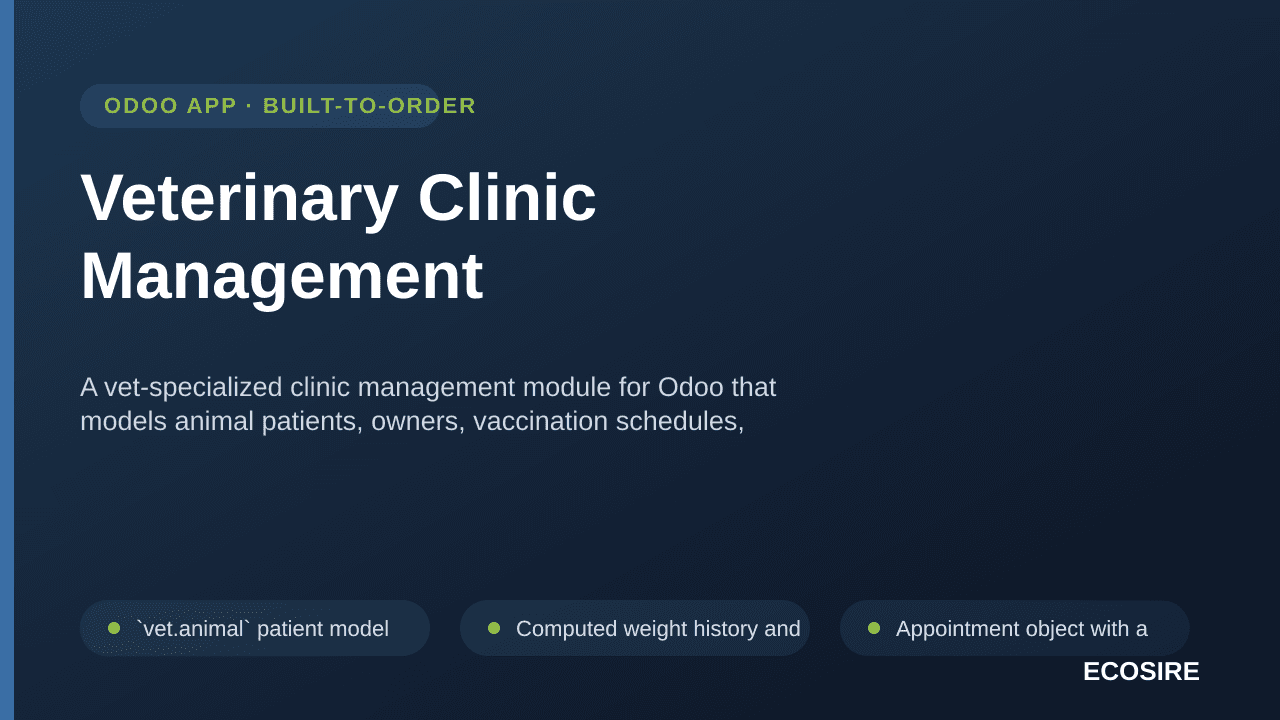 Veterinary Clinic Management — A vet-specialized clinic management module for Odoo that models animal patients, owners, vacci — Image 1 of 3