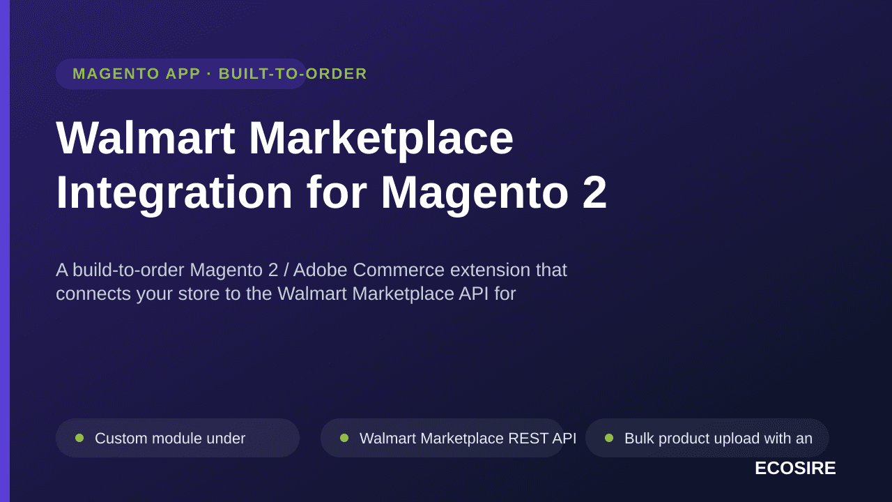 Walmart Marketplace Integration for Magento 2 — A build-to-order Magento 2 / Adobe Commerce extension that connects your stor — Image 1 of 3