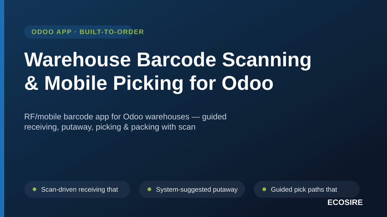 Warehouse Barcode Scanning & Mobile Picking for Odoo — RF/mobile barcode app for Odoo warehouses — guided receiving, putaway, — Image 1 of 3