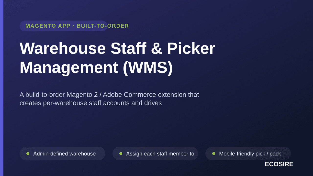 Warehouse Staff & Picker Management (WMS) — A build-to-order Magento 2 / Adobe Commerce extension that creates per-warehouse  — Image 1 of 3