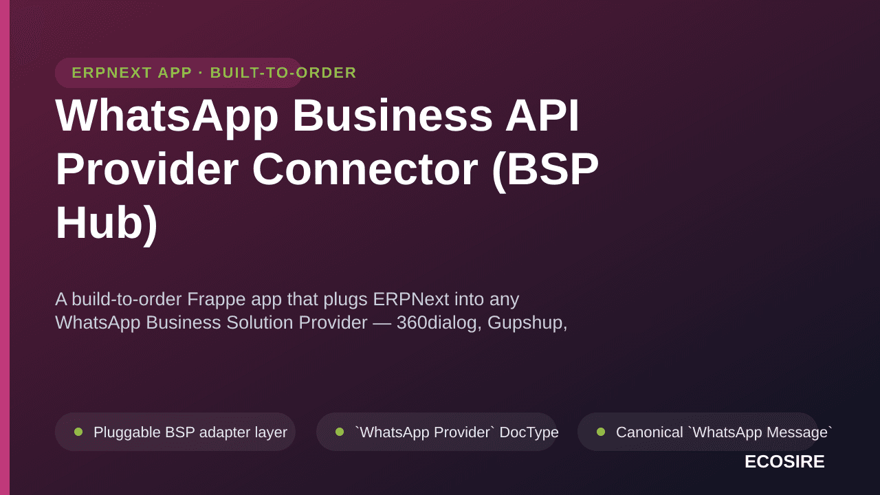 WhatsApp Business API Provider Connector (BSP Hub) — A build-to-order Frappe app that plugs ERPNext into any WhatsApp Busines — Image 1 of 3