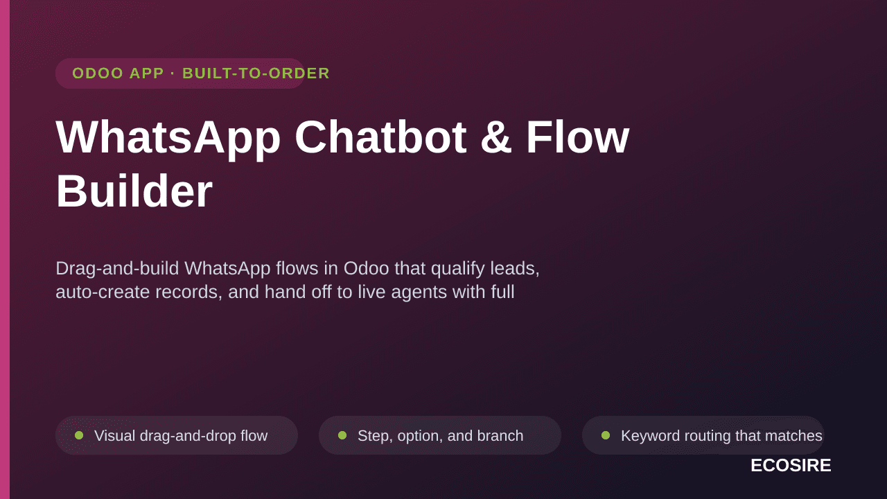WhatsApp Chatbot & Flow Builder — Drag-and-build WhatsApp flows in Odoo that qualify leads, auto-create records, and hand off — Image 1 of 3