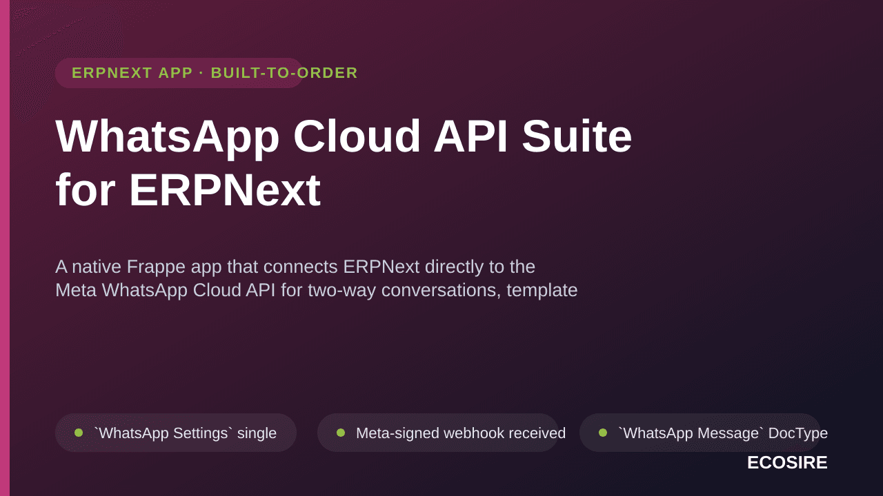 WhatsApp Cloud API Suite for ERPNext — A native Frappe app that connects ERPNext directly to the Meta WhatsApp Cloud API for  — Image 1 of 3