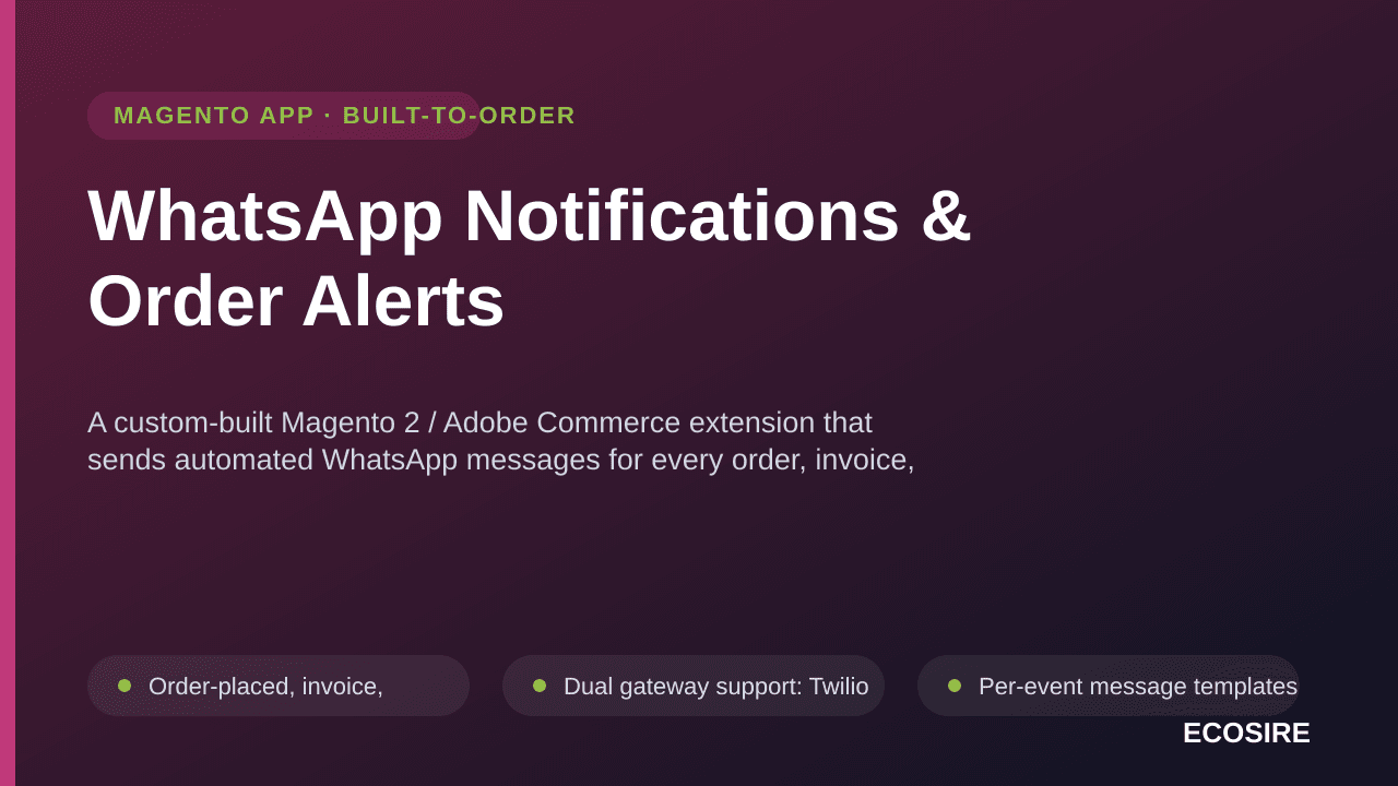 WhatsApp Notifications & Order Alerts — A custom-built Magento 2 / Adobe Commerce extension that sends automated WhatsApp mes — Image 1 of 3