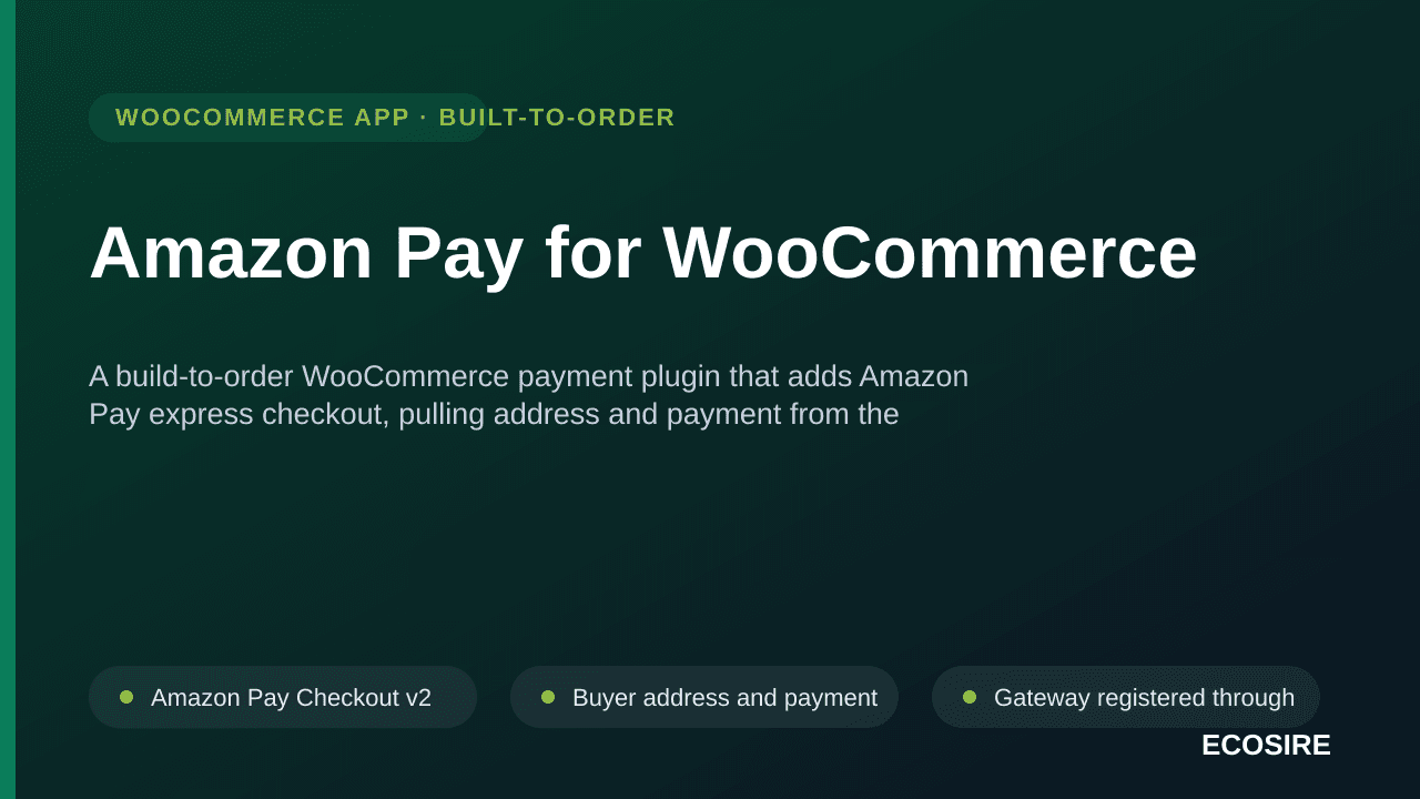 Amazon Pay for WooCommerce — A build-to-order WooCommerce payment plugin that adds Amazon Pay express checkout, pulling addre — Image 1 of 3