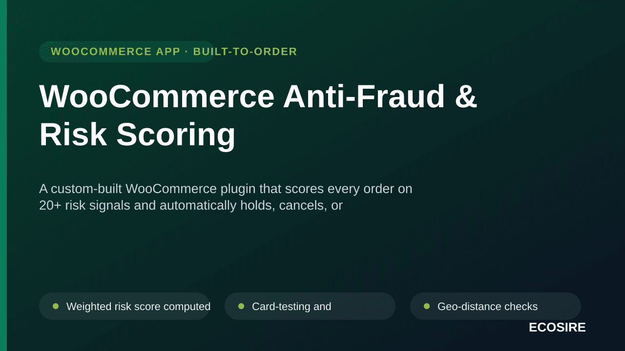 WooCommerce Anti-Fraud & Risk Scoring — A custom-built WooCommerce plugin that scores every order on 20+ risk signals and aut — Image 1 of 3