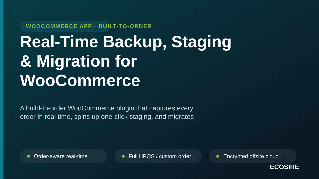 Real-Time Backup, Staging & Migration for WooCommerce — A build-to-order WooCommerce plugin that captures every order in real — Image 1 of 3