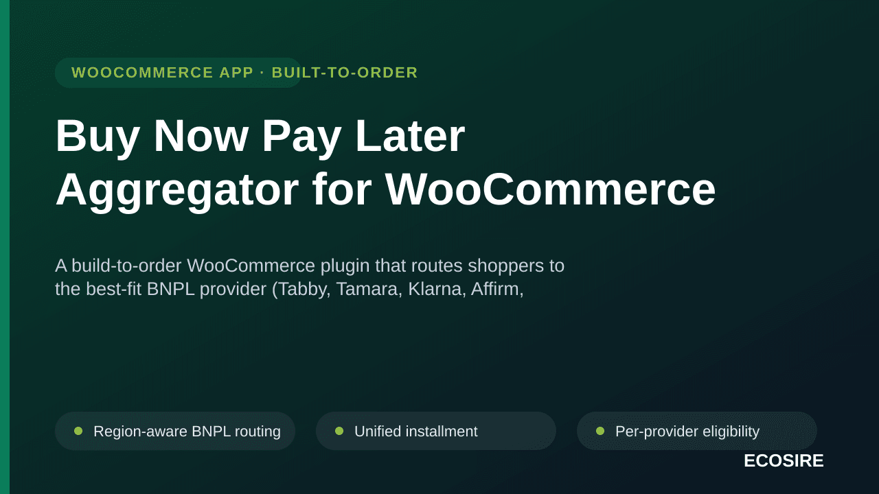 Buy Now Pay Later Aggregator for WooCommerce — A build-to-order WooCommerce plugin that routes shoppers to the best-fit BNPL  — Image 1 of 3