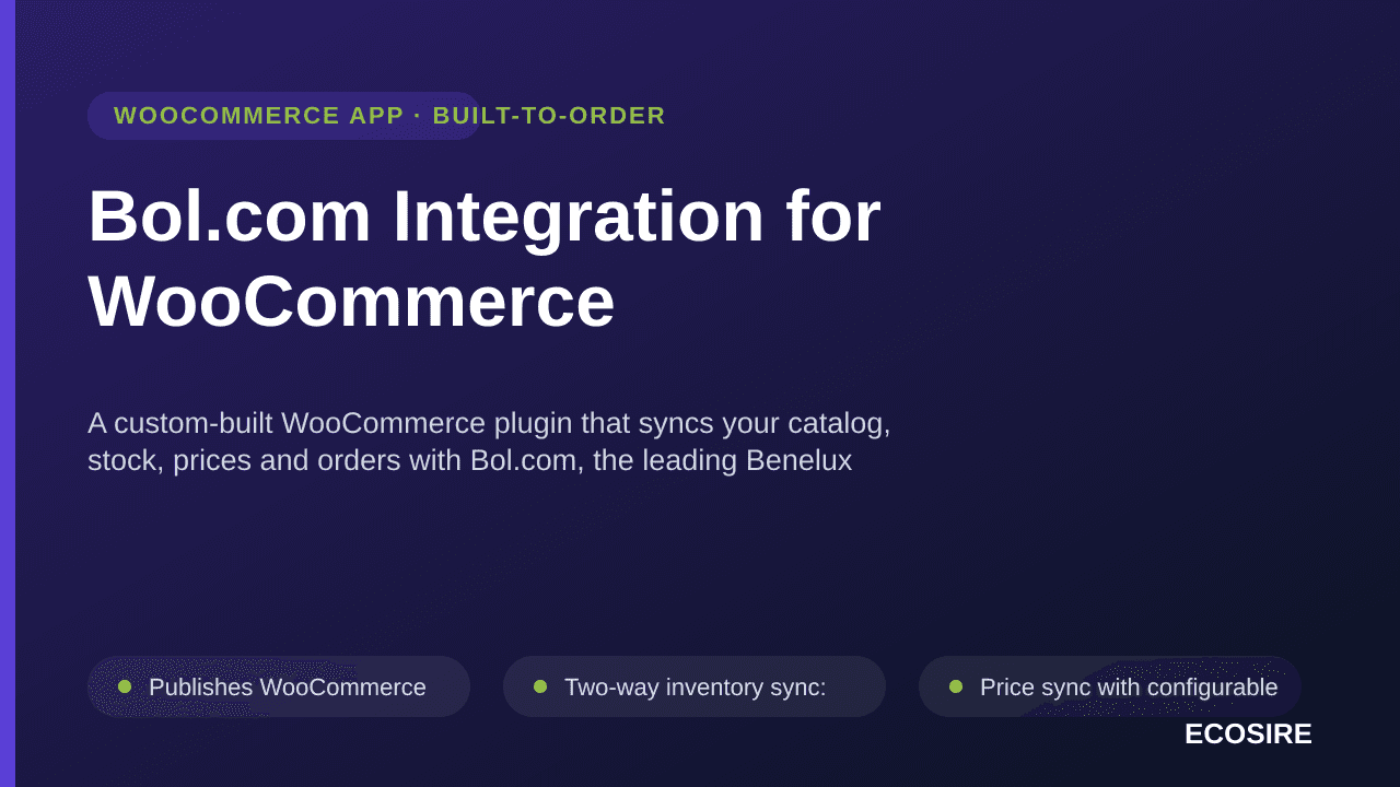 Bol.com Integration for WooCommerce — A custom-built WooCommerce plugin that syncs your catalog, stock, prices and orders wit — Image 1 of 3