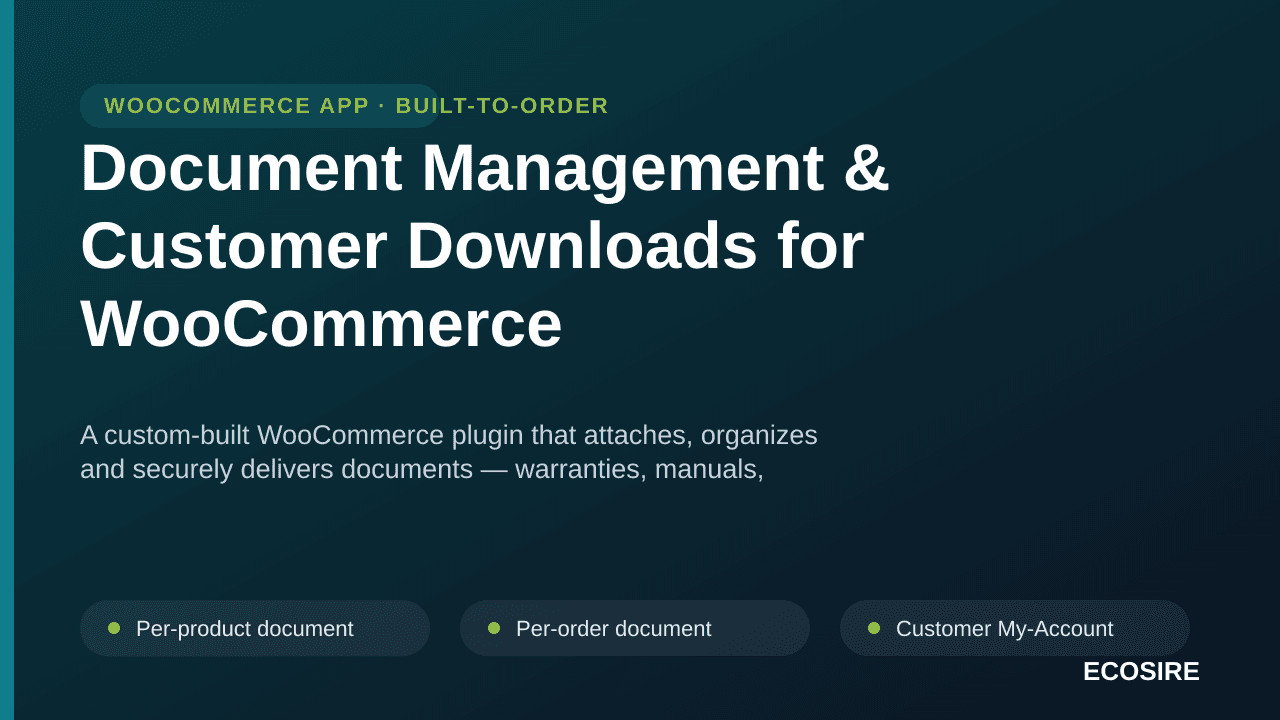 Document Management & Customer Downloads for WooCommerce — A custom-built WooCommerce plugin that attaches, organizes and sec — Image 1 of 3