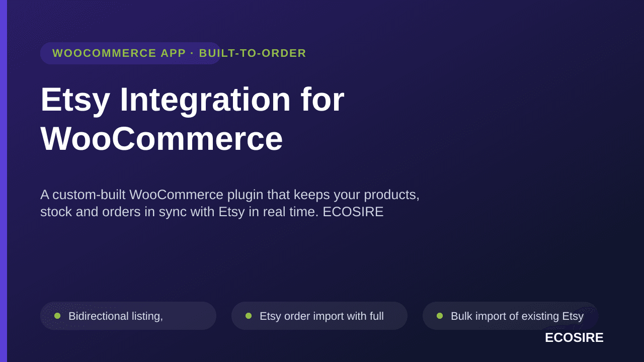 Etsy Integration for WooCommerce — A custom-built WooCommerce plugin that keeps your products, stock and orders in sync with  — Image 1 of 3