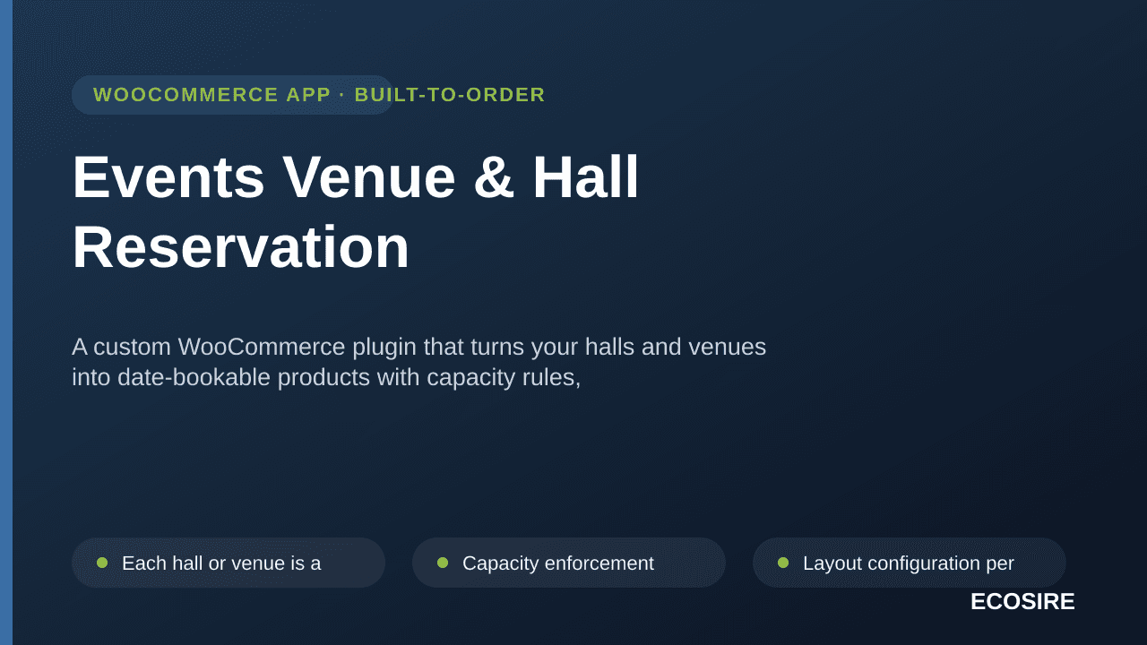 Events Venue & Hall Reservation — A custom WooCommerce plugin that turns your halls and venues into date-bookable products wi — Image 1 of 3