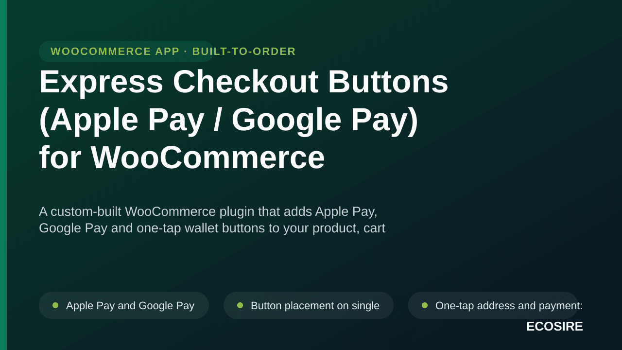 Express Checkout Buttons (Apple Pay / Google Pay) for WooCommerce — A custom-built WooCommerce plugin that adds Apple Pay, Go — Image 1 of 3