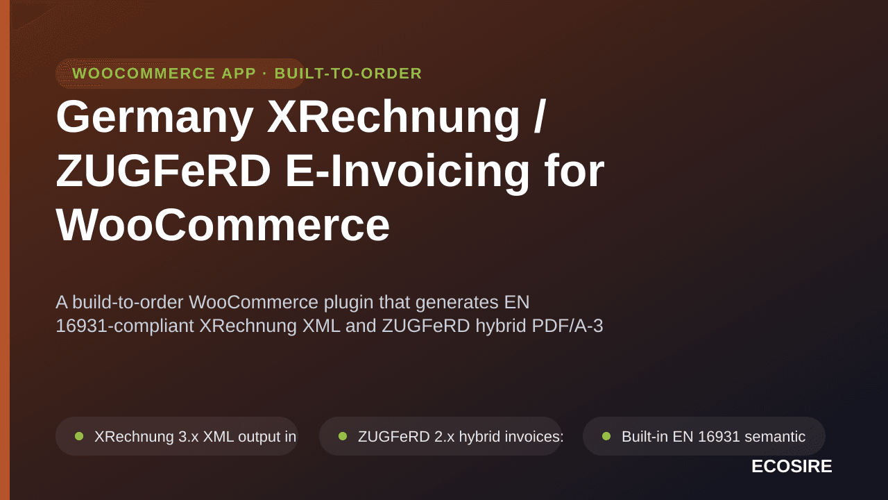 Germany XRechnung / ZUGFeRD E-Invoicing for WooCommerce — A build-to-order WooCommerce plugin that generates EN 16931-complia — Image 1 of 3
