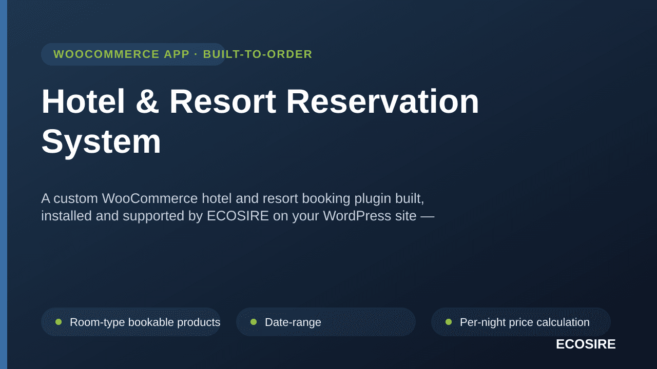 Hotel & Resort Reservation System — A custom WooCommerce hotel and resort booking plugin built, installed and supported by EC — Image 1 of 3