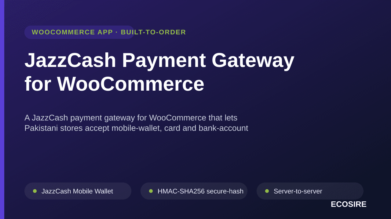 JazzCash Payment Gateway for WooCommerce — A JazzCash payment gateway for WooCommerce that lets Pakistani stores accept mobil — Image 1 of 3