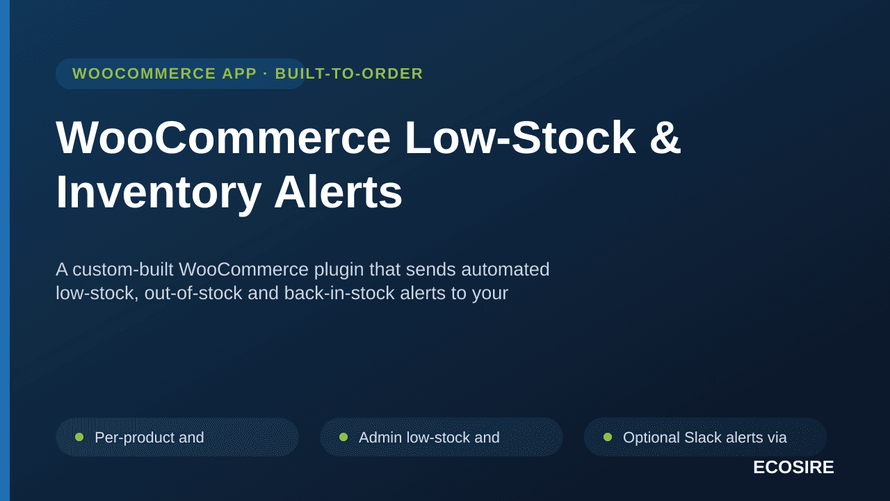WooCommerce Low-Stock & Inventory Alerts — A custom-built WooCommerce plugin that sends automated low-stock, out-of-stock and — Image 1 of 3