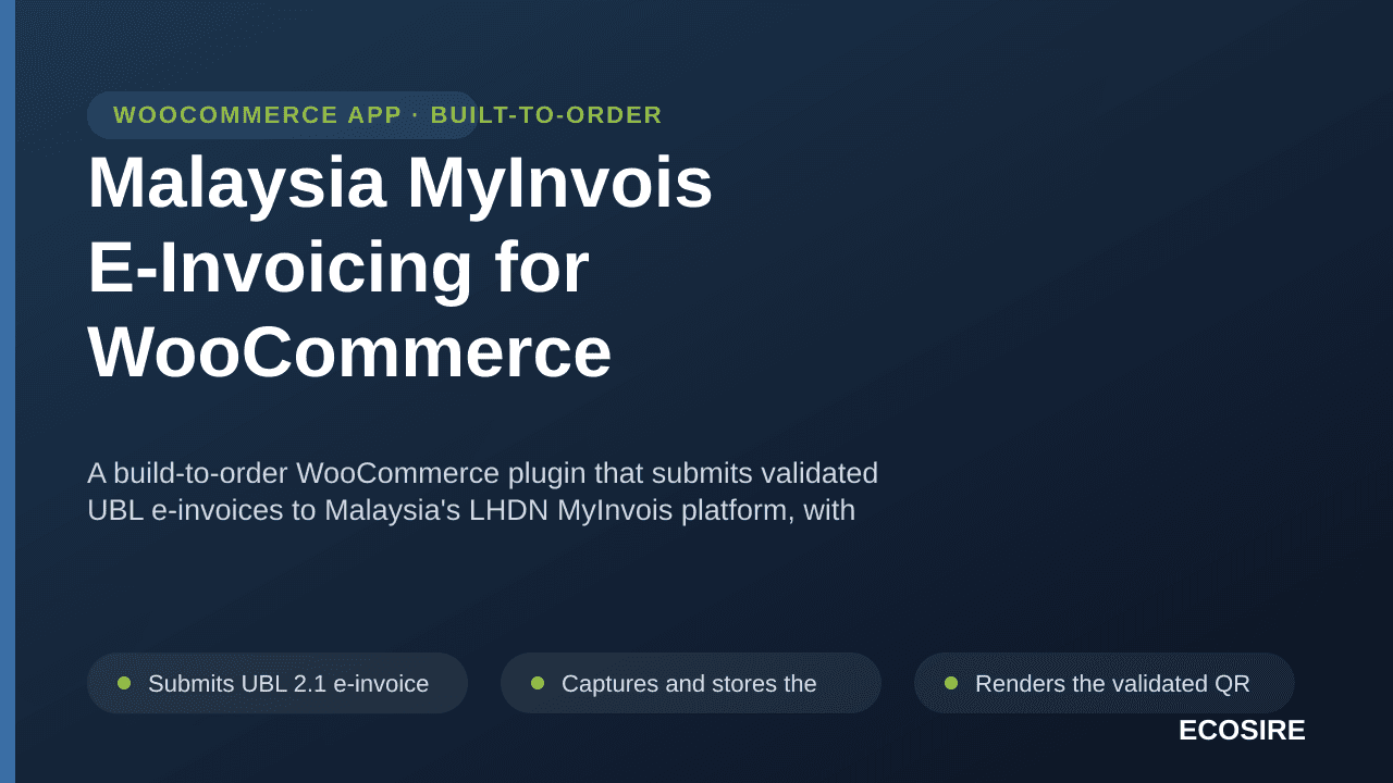 Malaysia MyInvois E-Invoicing for WooCommerce — A build-to-order WooCommerce plugin that submits validated UBL e-invoices to  — Image 1 of 3