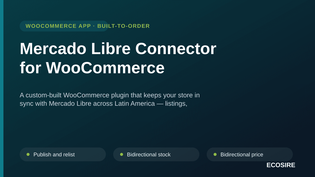 Mercado Libre Connector for WooCommerce — A custom-built WooCommerce plugin that keeps your store in sync with Mercado Libre  — Image 1 of 3