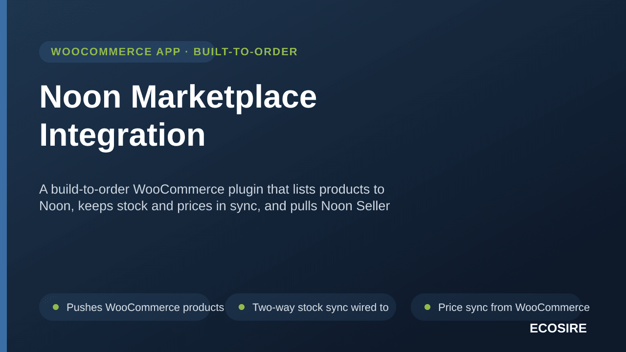 Noon Marketplace Integration — A build-to-order WooCommerce plugin that lists products to Noon, keeps stock and prices in syn — Image 1 of 3