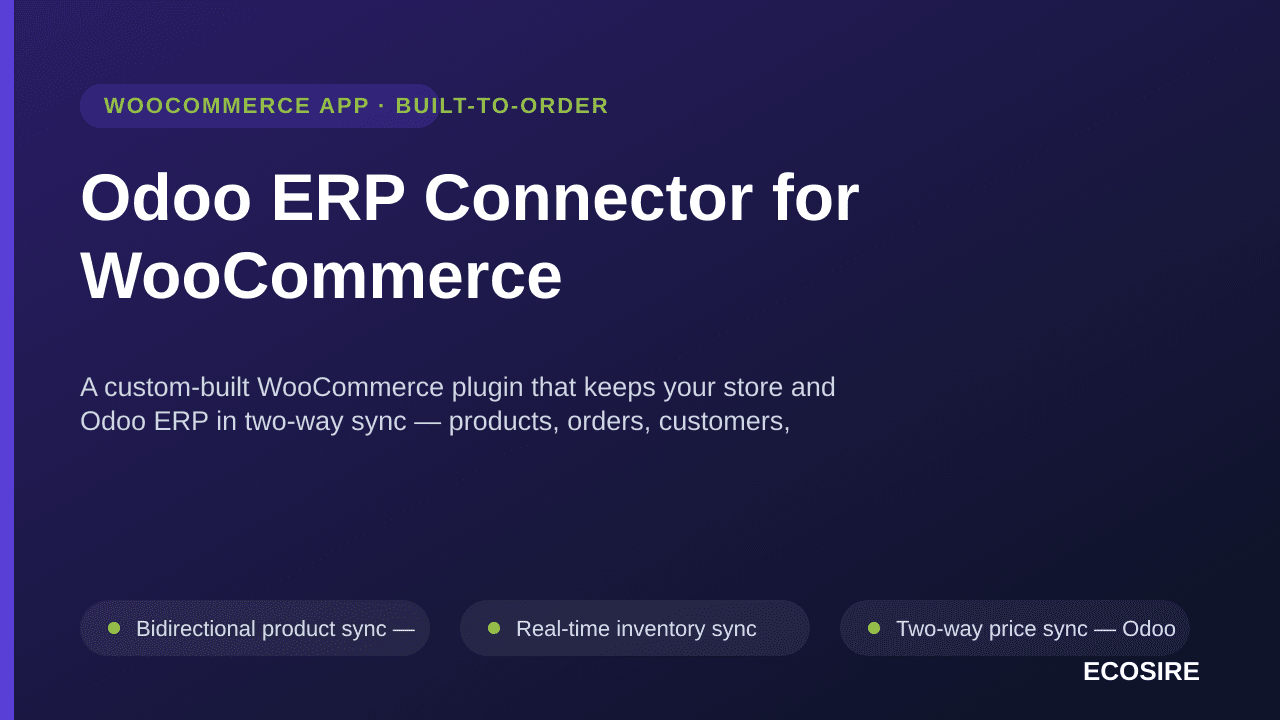 Odoo ERP Connector for WooCommerce — A custom-built WooCommerce plugin that keeps your store and Odoo ERP in two-way sync — p — Image 1 of 3