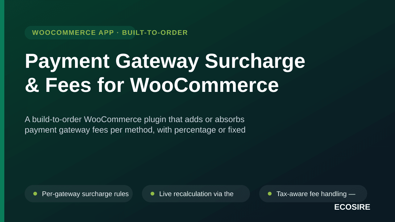 Payment Gateway Surcharge & Fees for WooCommerce — A build-to-order WooCommerce plugin that adds or absorbs payment gateway f — Image 1 of 3