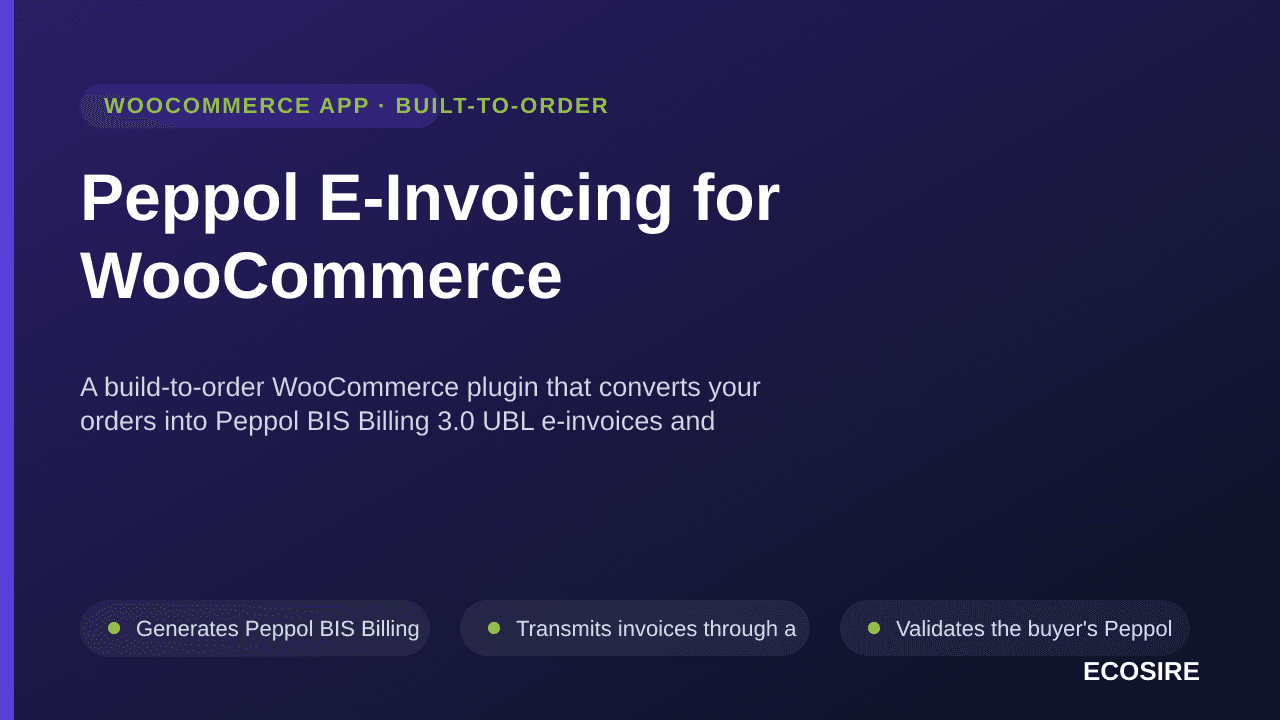 Peppol E-Invoicing for WooCommerce — A build-to-order WooCommerce plugin that converts your orders into Peppol BIS Billing 3 — Image 1 of 3