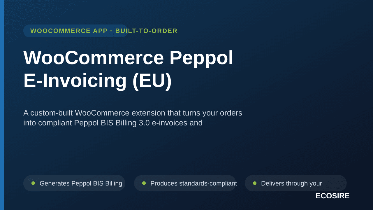 WooCommerce Peppol E-Invoicing (EU) — A custom-built WooCommerce extension that turns your orders into compliant Peppol BIS B — Image 1 of 3