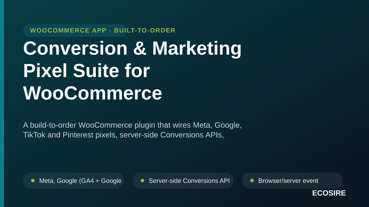Conversion & Marketing Pixel Suite for WooCommerce — A build-to-order WooCommerce plugin that wires Meta, Google, TikTok and  — Image 1 of 3