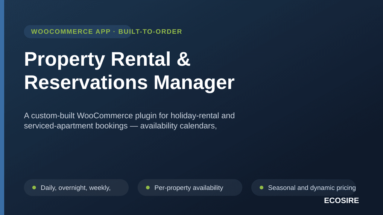Property Rental & Reservations Manager — A custom-built WooCommerce plugin for holiday-rental and serviced-apartment bookings — Image 1 of 3